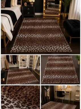 Fluffy Leopard Print Plush Shag Area Rug 3x5 Faux Fur Glam Y2K Decor Smoke Free